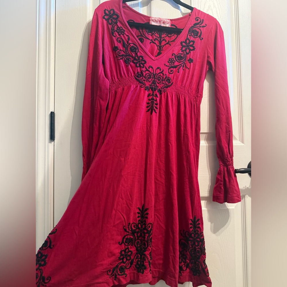 Johnny Was Red Dress with Black Embroidery